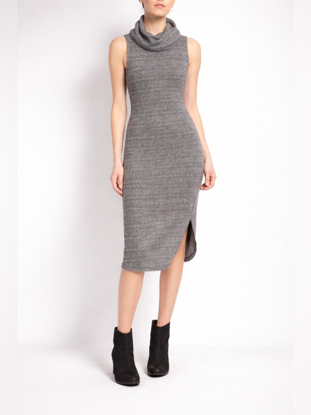LUSH Sleeveless Turtleneck Sweater Dress Size Small Gray Knit Bodycon Midi
